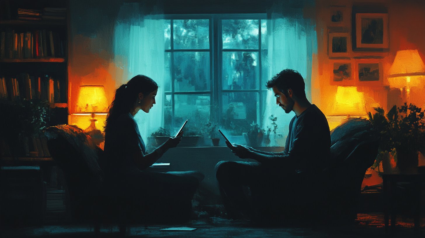 Ein getrenntes Paar in einem dunklen Raum, jeder auf sein Gerät fokussiert.