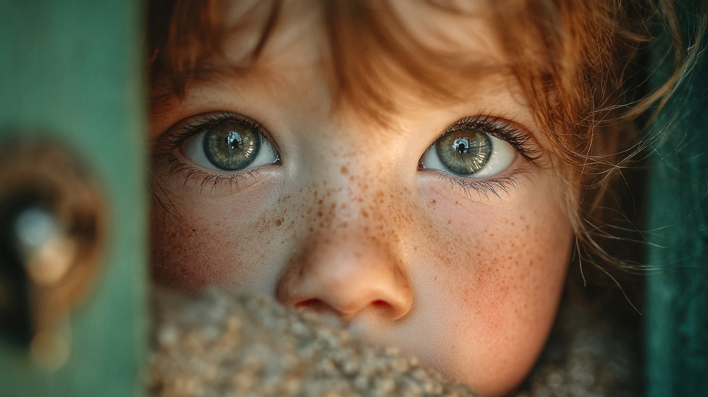 Ein spielendes Kind schaut hinter einer verschlossenen Tür hervor.
