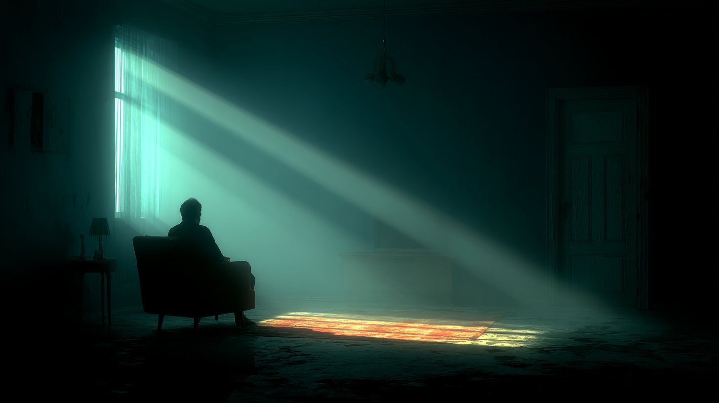 Eine einsame Figur in einem schummrigen Raum, umgeben von Schatten.