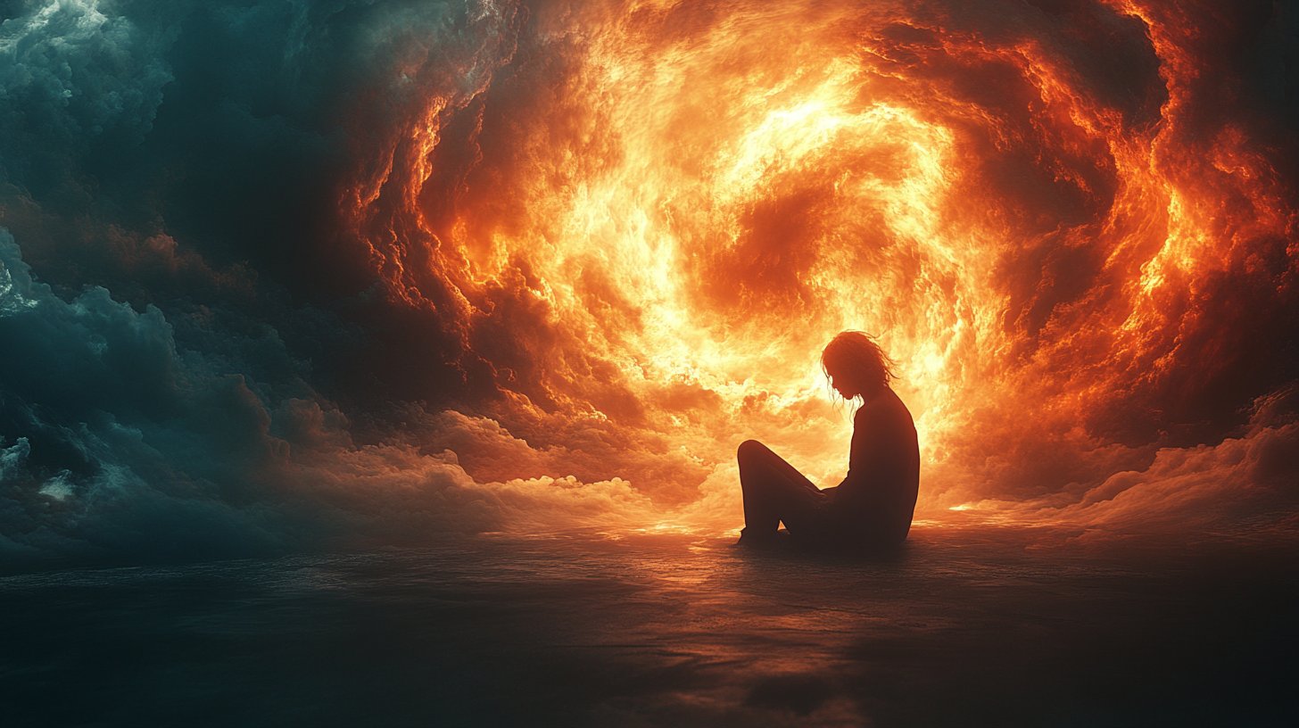 Eine Person sitzt allein, umgeben von einem Strudel negativer Gedanken.