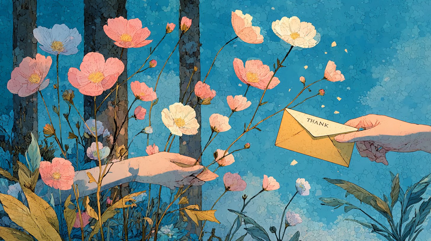 Hände tauschen Dankesnoten um blühende Blumen herum aus.