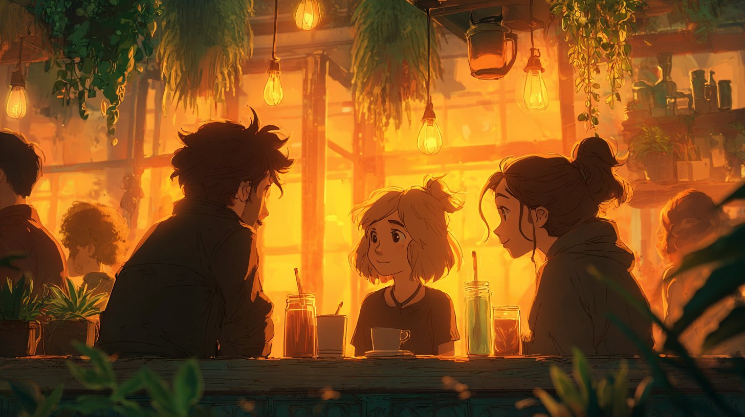 Freunde diskutieren über Dankbarkeit in einem gemütlichen Café.