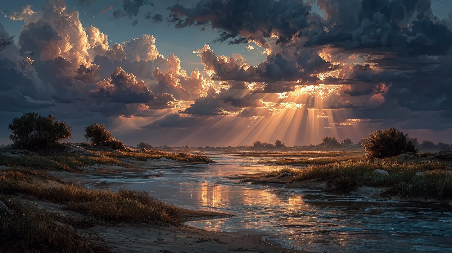 Sonnenstrahlen brechen durch die Wolken in einer herausfordernden Landschaft.
