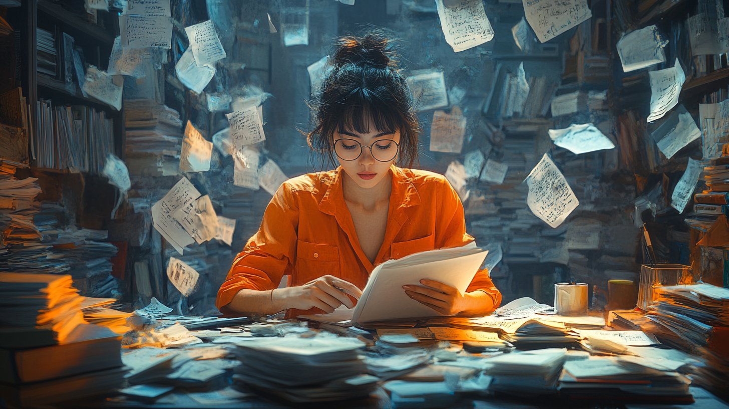 Ein beschäftigter Mensch am Schreibtisch, in Arbeit vertieft, umgeben von Ablenkungen.