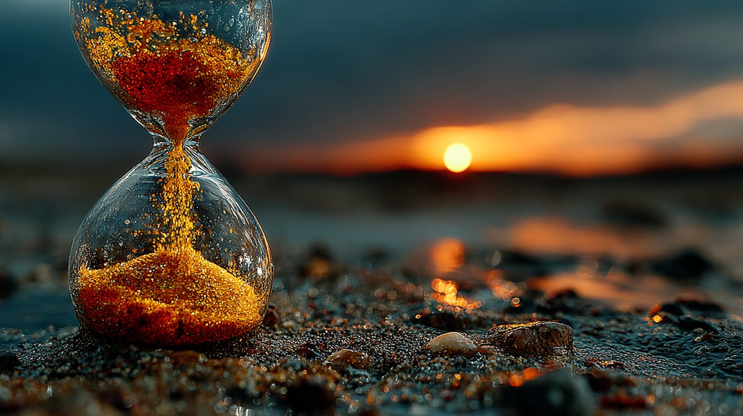 Eine Sanduhr gegen einen Sonnenuntergang, die die vergängliche Zeit zeigt.