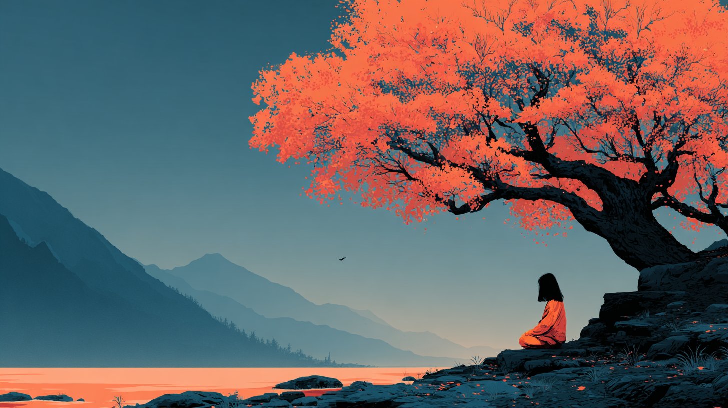 Eine Person, die unter einem Baum meditiert, umgeben von Natur.