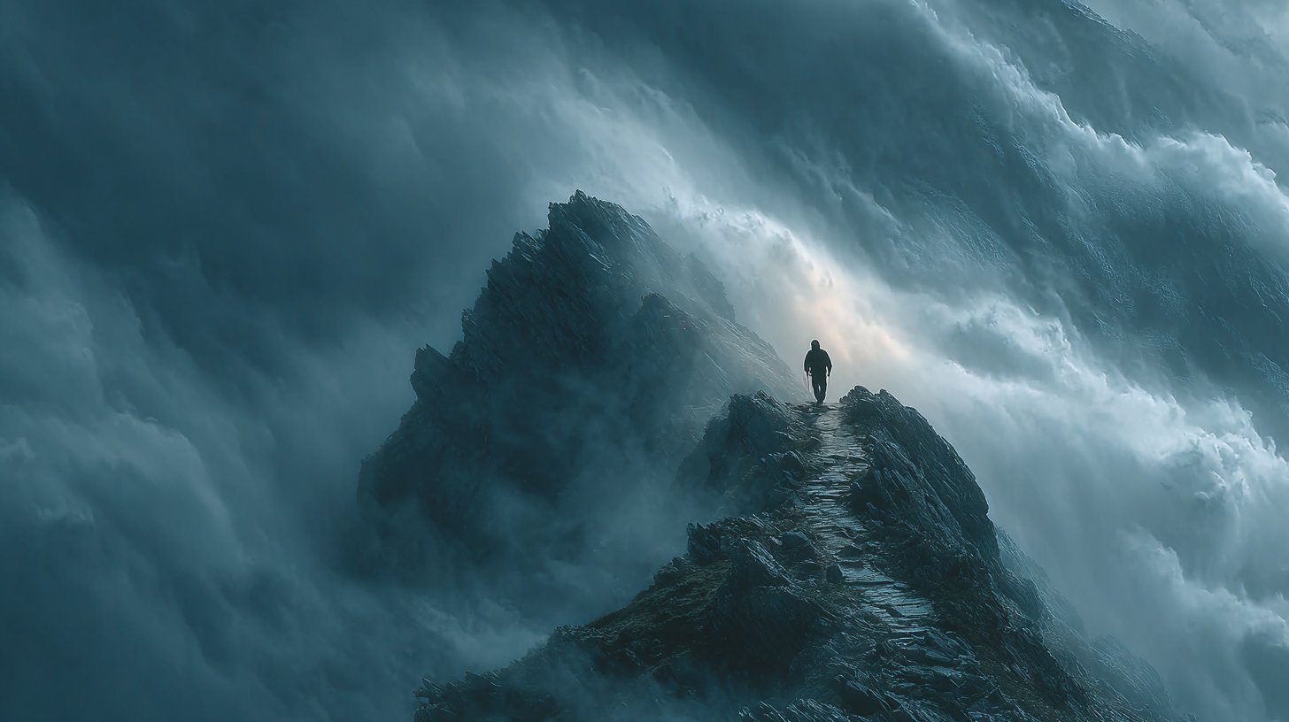 Eine Figur, die in stürmischem Wetter einen Berg erklimmt.