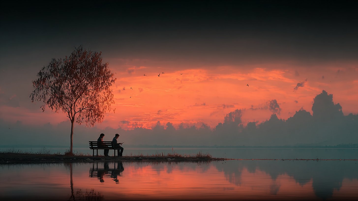 Zwei Menschen ignorieren den Sonnenuntergang.