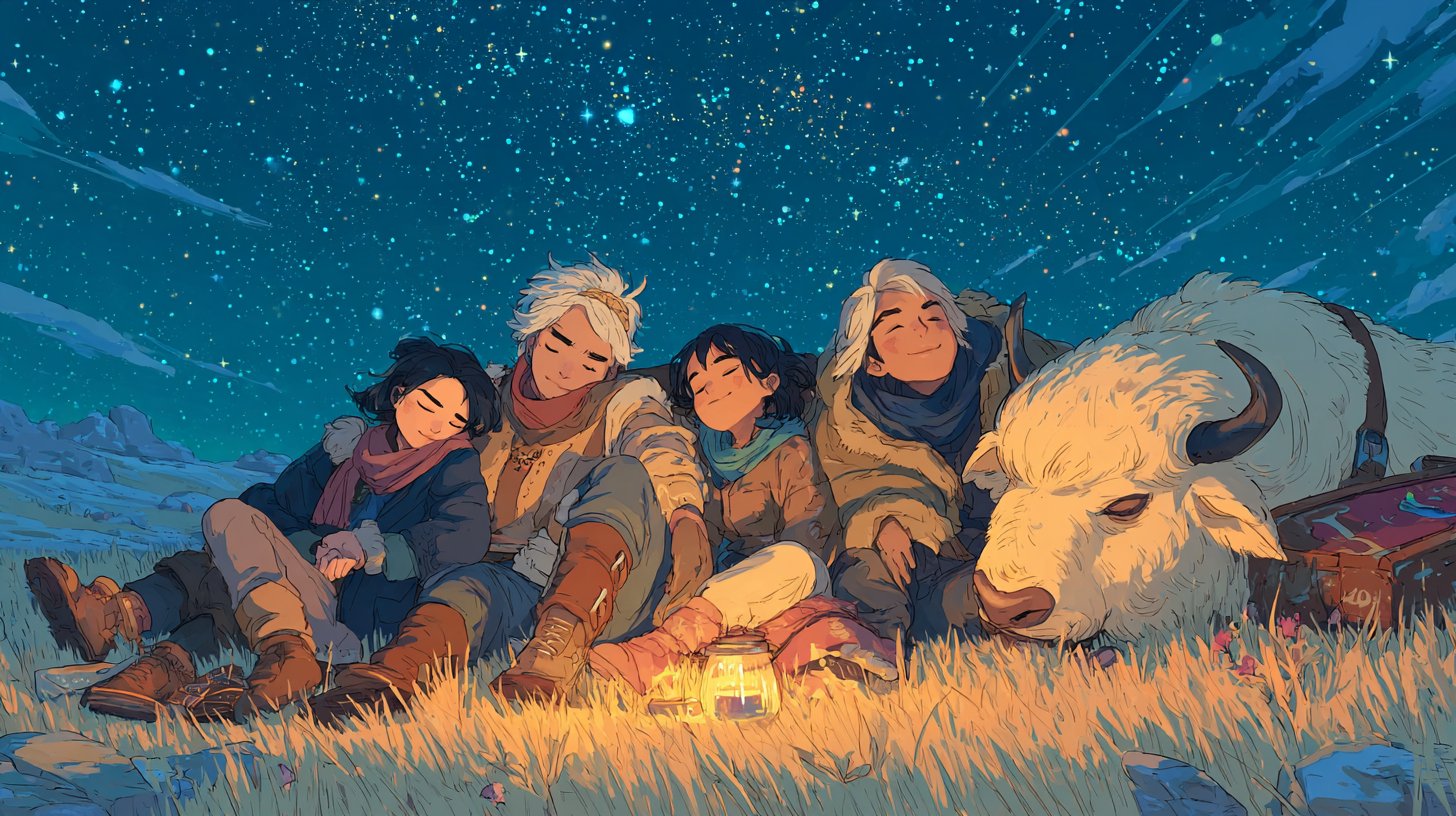 Freunde feiern unter dem sternenklaren Himmel.