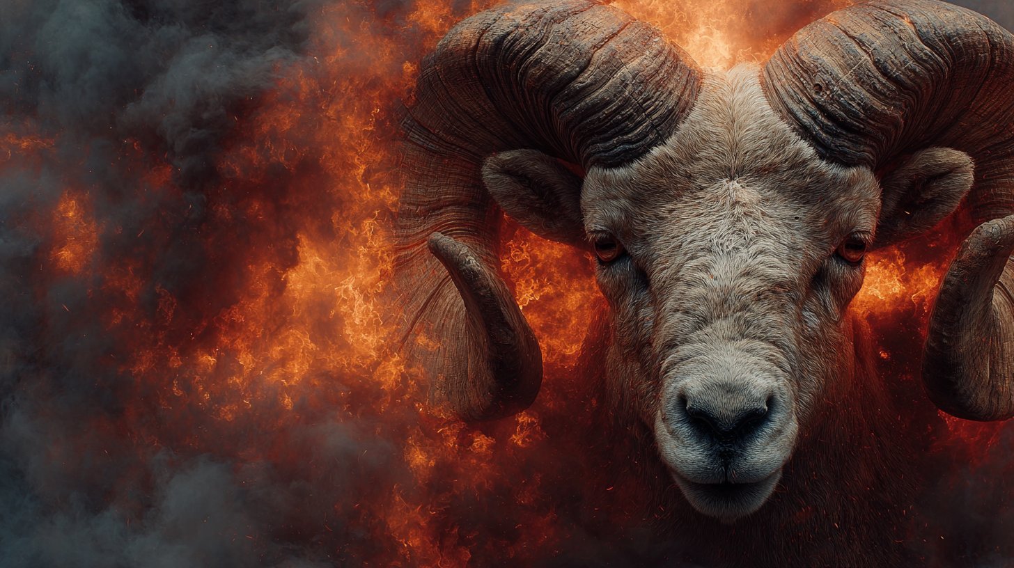 Ein feuriges Widder-Symbol umgeben von Flammen und leidenschaftlichen Farben.