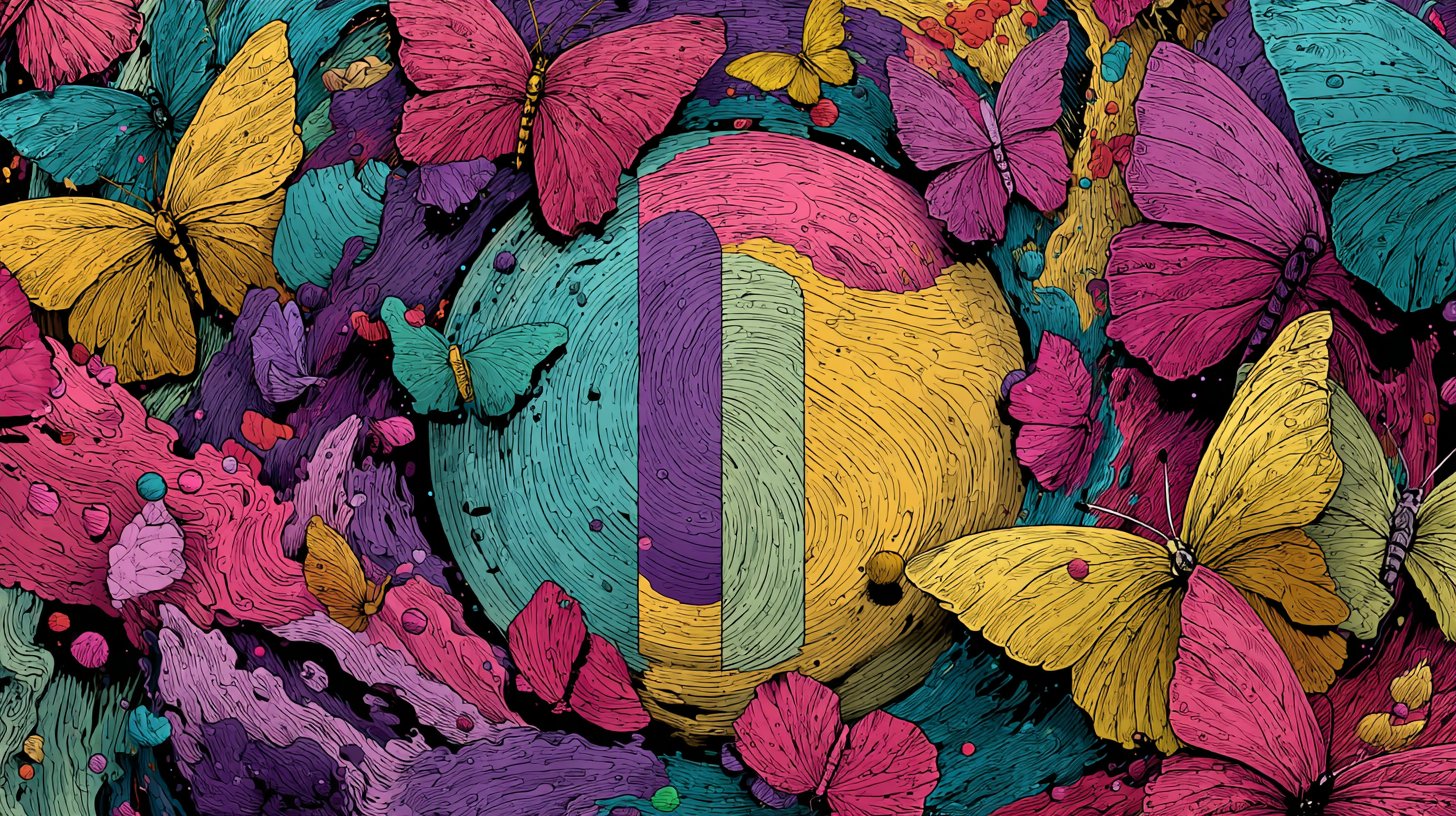 Das verspielte Zwilling-Symbol inmitten bunten Schmetterlingen.