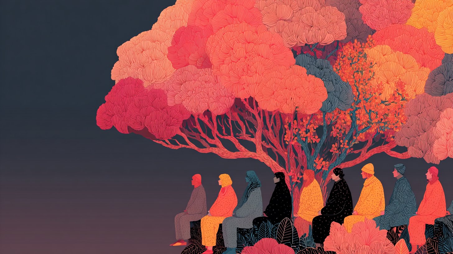 Ilustración de individuos comprometidos en la autorreflexión y el crecimiento emocional.