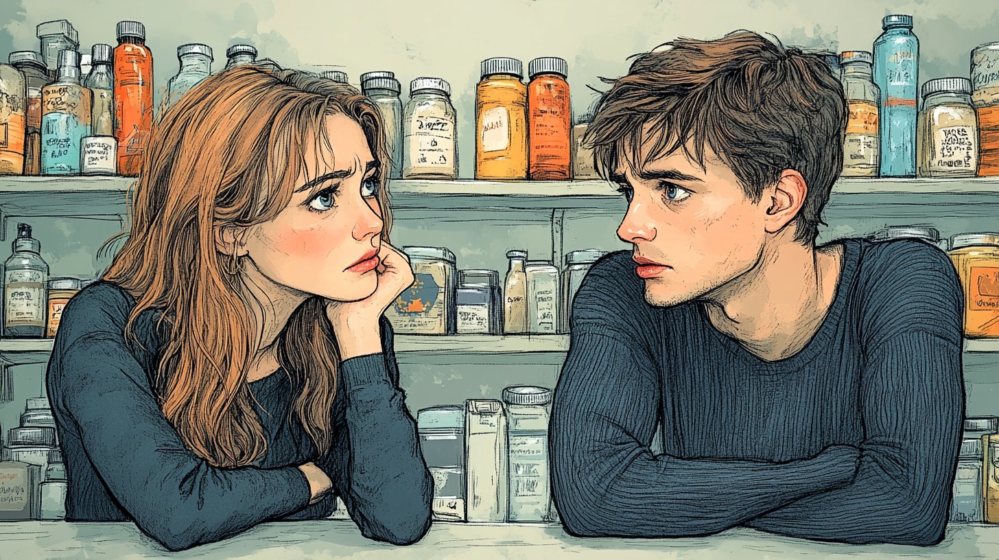 Eine enttäuschte Person, die von ihrem Partner ignoriert wird, umgeben von unerfüllten Wünschen.