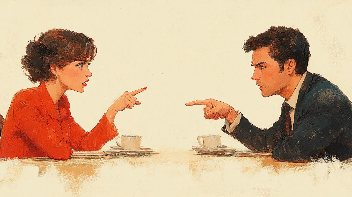Ein Metapherbild mit einem Paar am Tisch, wovon einer frustriert zeigt, während der andere verletzt aussieht.