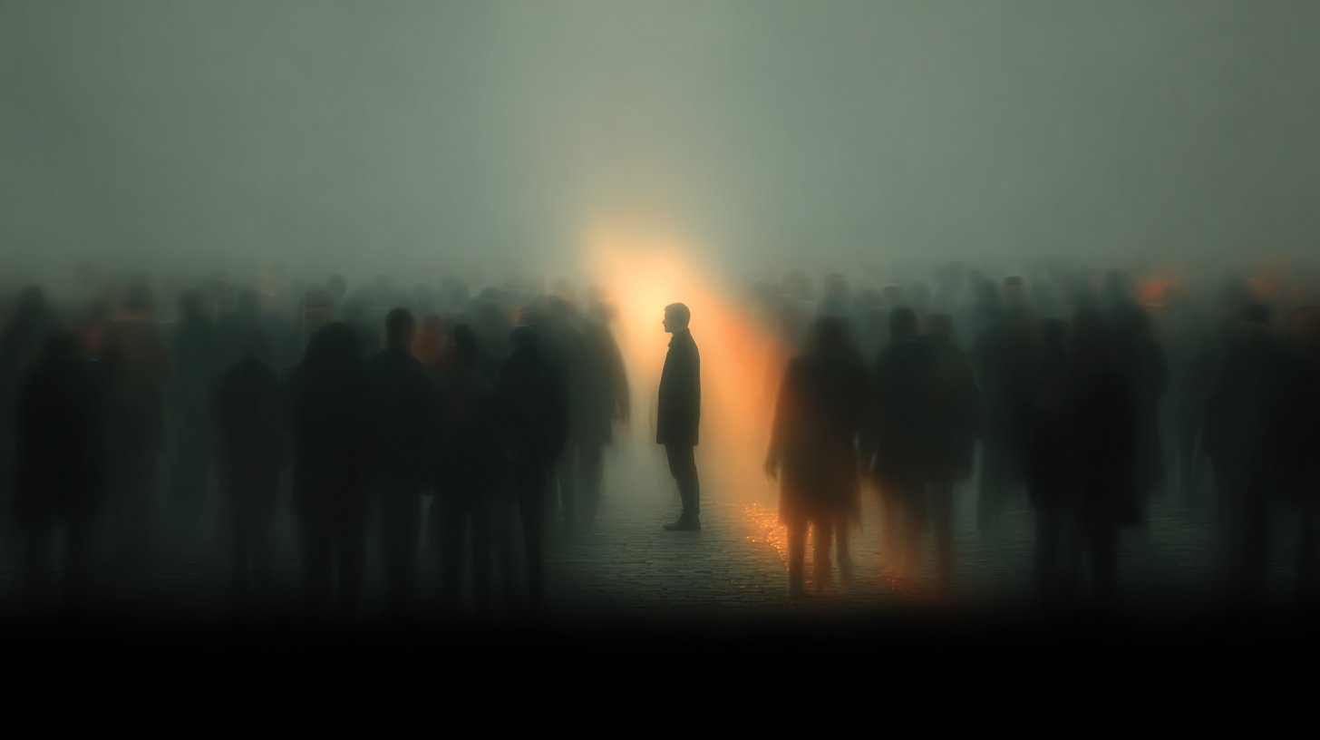 Eine schattenhafte Figur in der Menge, isoliert und unsichtbar.