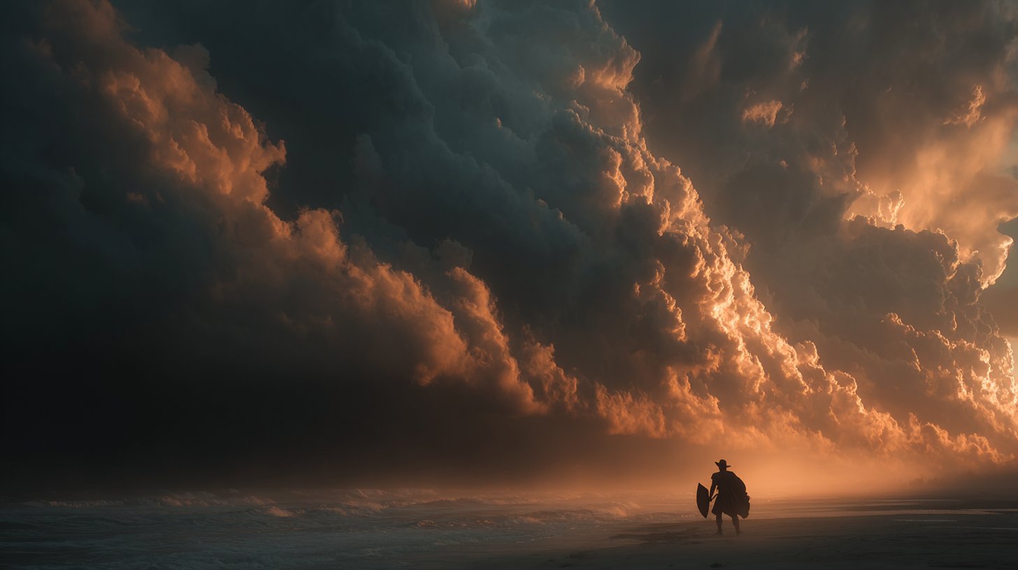 Ein Sturm über einer Figur mit Schild, stark und verletzlich.