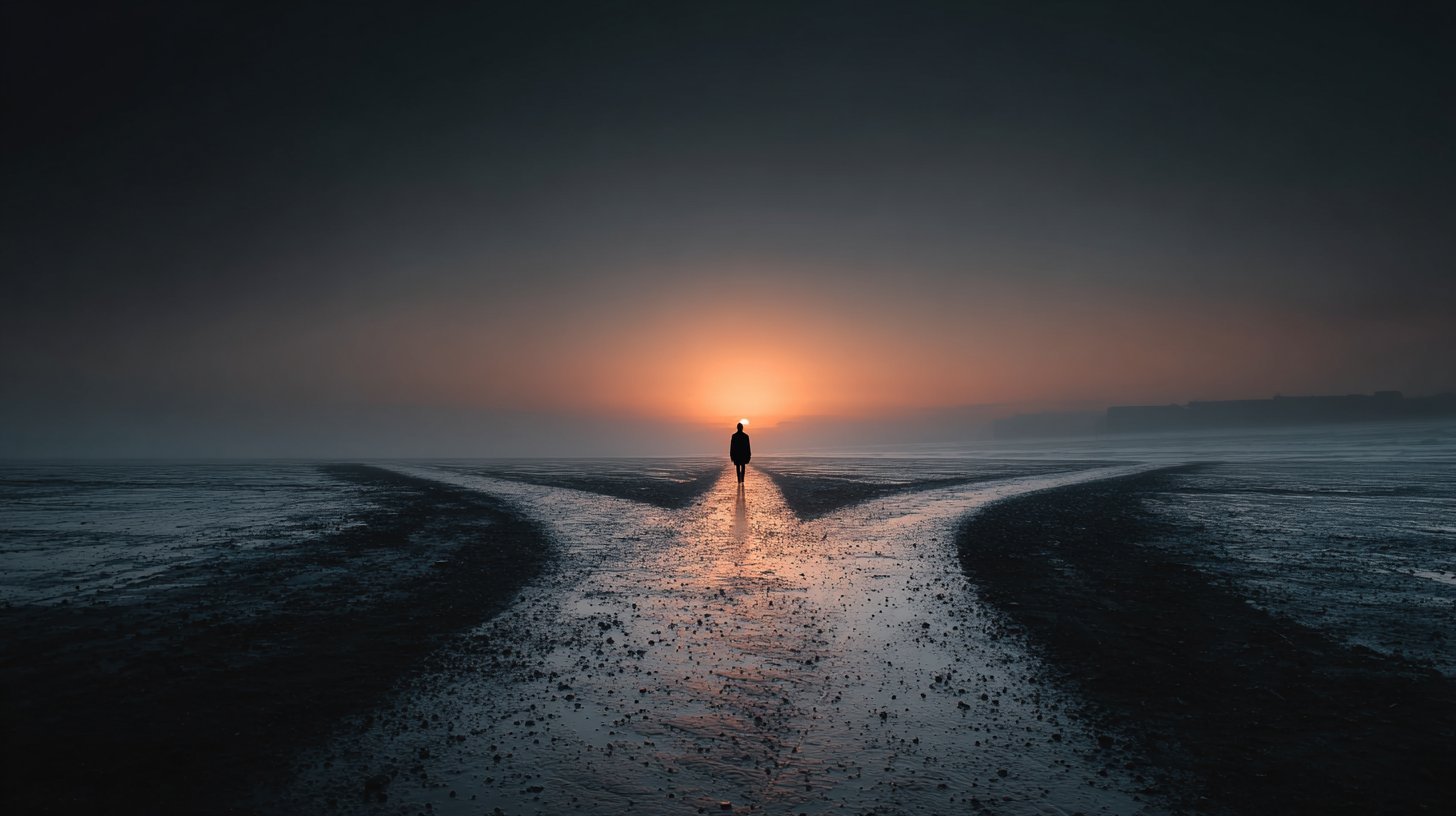 Ein Mensch an einer Weggabelung voller Entscheidungen.