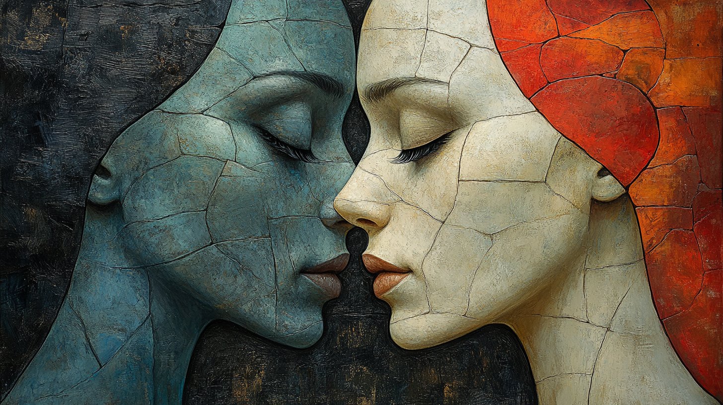 Primer plano de dos rostros, uno indiferente, el otro herido.