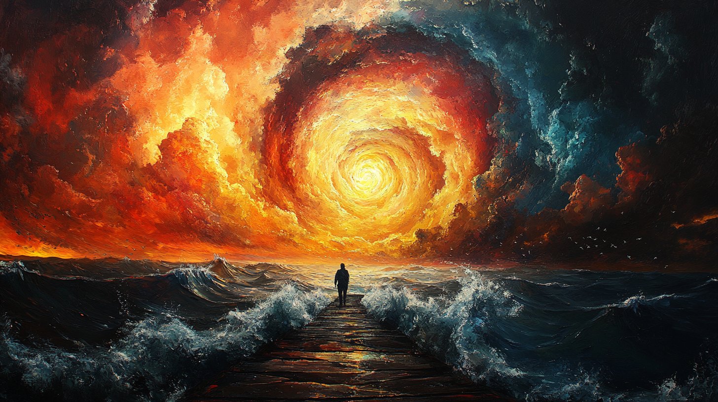 Representación abstracta de nubes tormentosas sobre un puente roto.