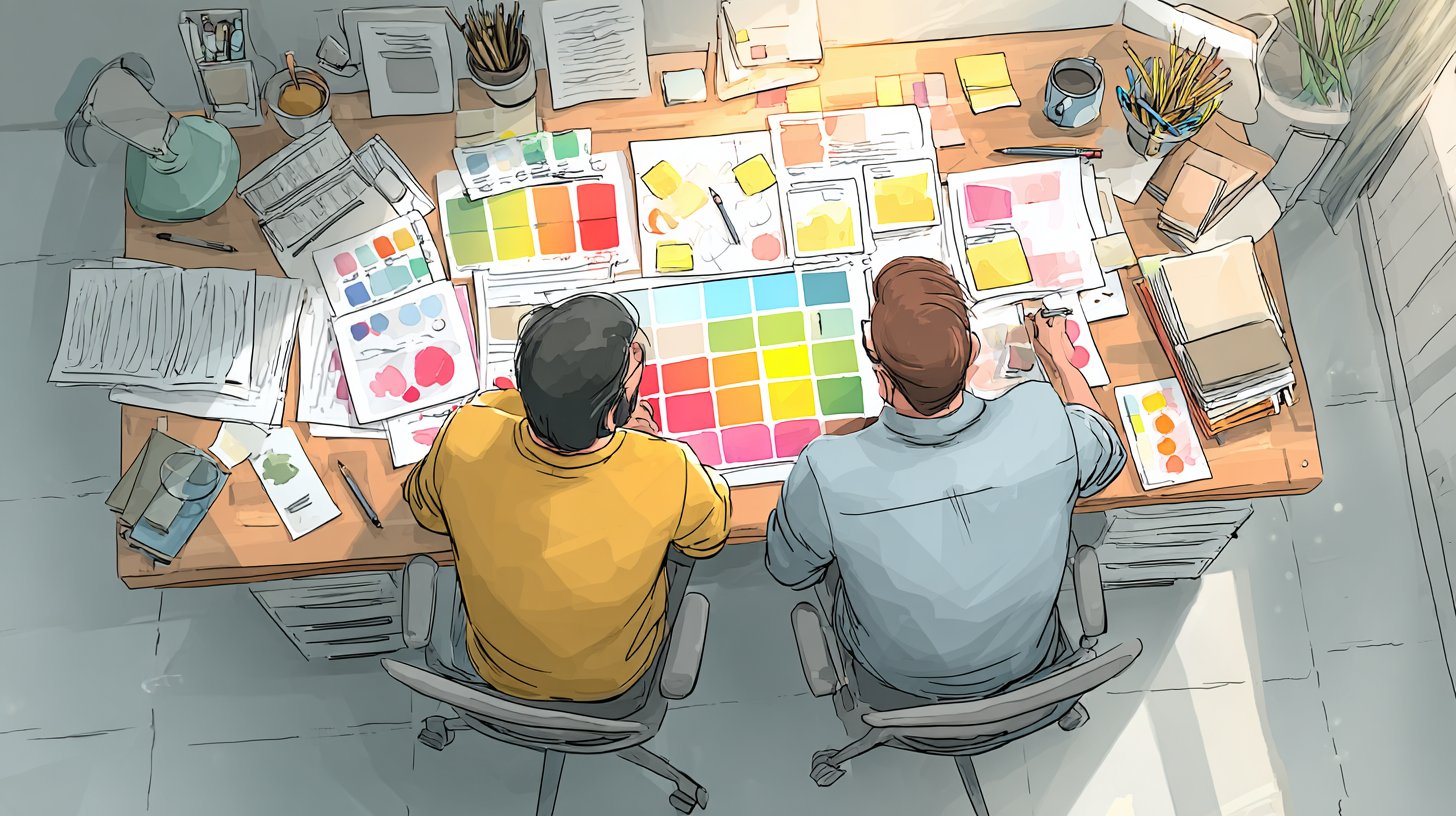 Dos personas intercambiando ideas sobre una mesa llena de documentos.