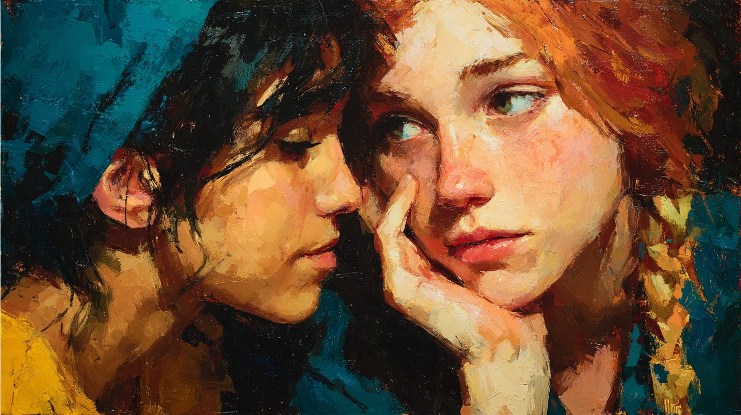 Ein Close-up von zwei Freunden in tiefem Gespräch, das aktives Zuhören zeigt.