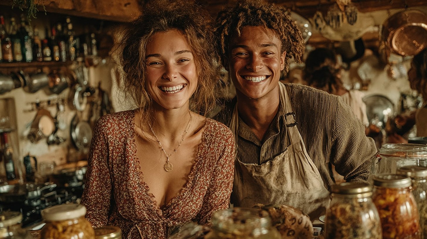 Ein Paar, das beim Kochen zusammenarbeitet.