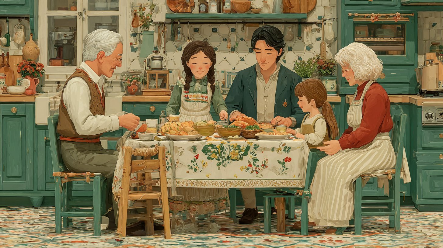 Eine Familie teilt ein glückliches Essen in einer gemütlichen Küche.