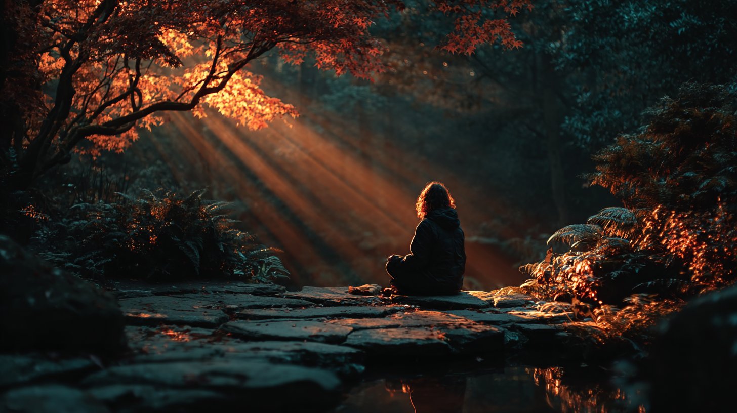 Eine Person meditiert in der Natur und findet Frieden.