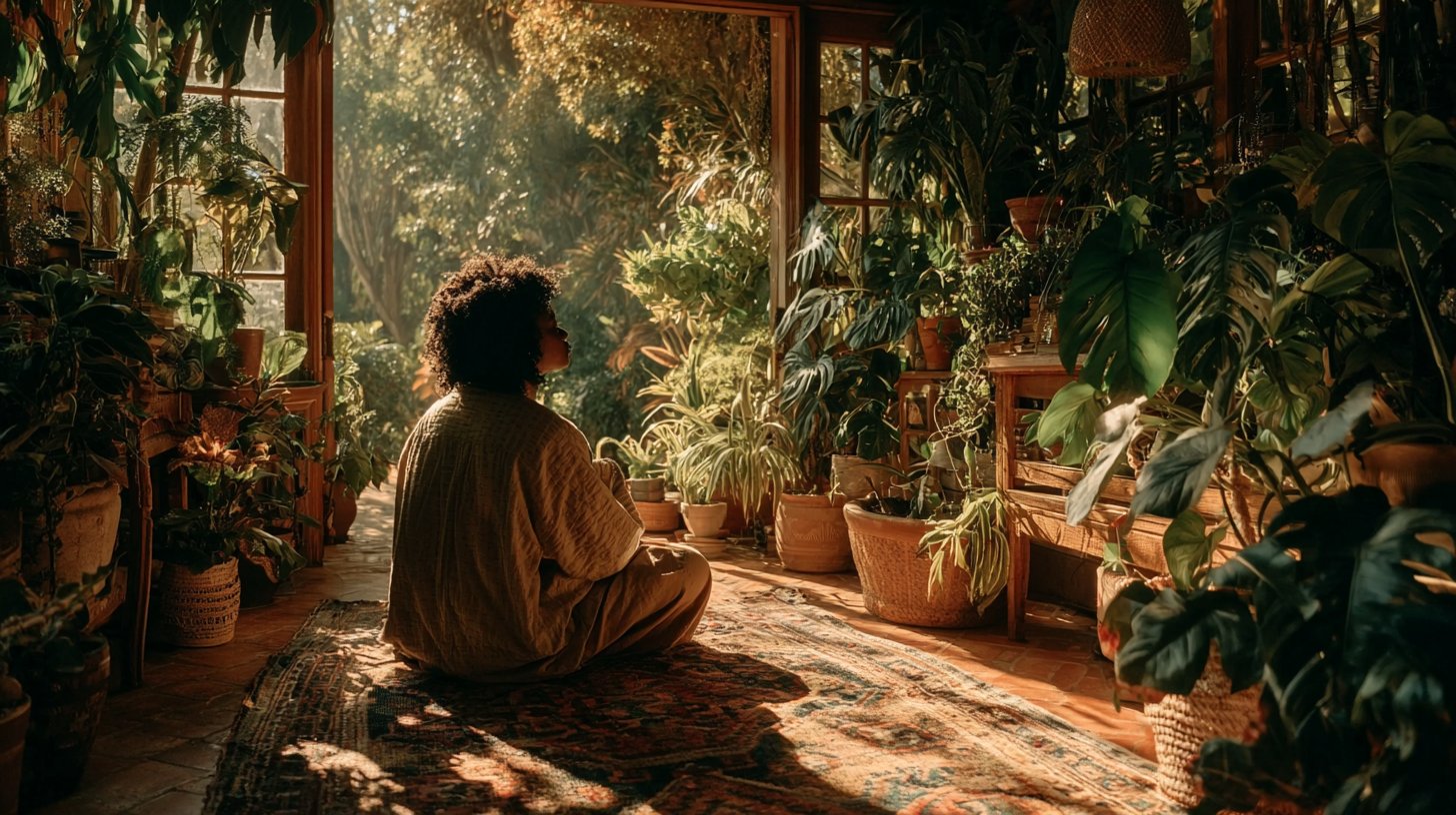Una persona pratica l'amore per se stessa meditando in tranquillità.