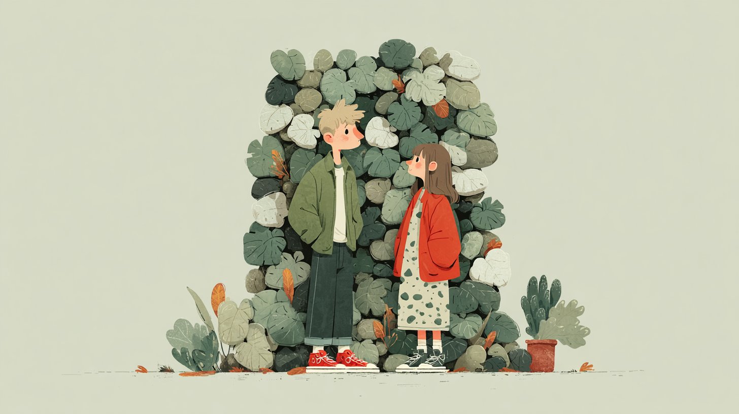 Illustrazione di due persone che pongono confini con un muro di foglie.