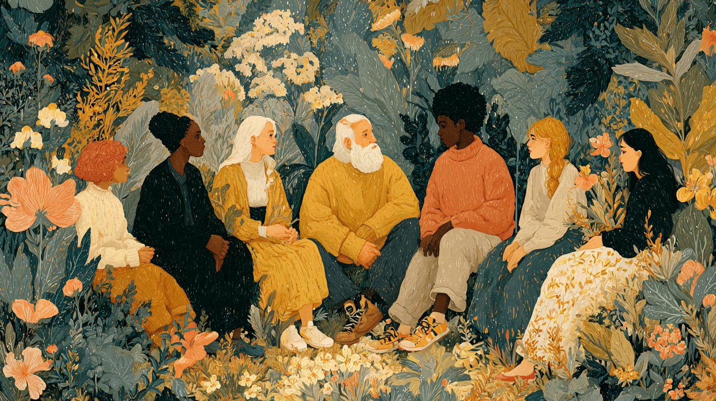 Un grupo diverso mostrando apertura y confianza en la naturaleza.