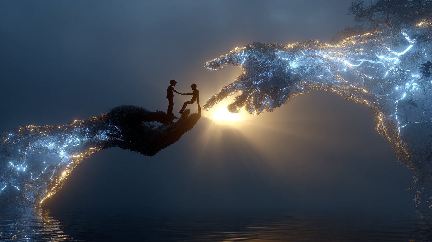 Manos simbólicas reconstruyendo la confianza con puentes de luz.