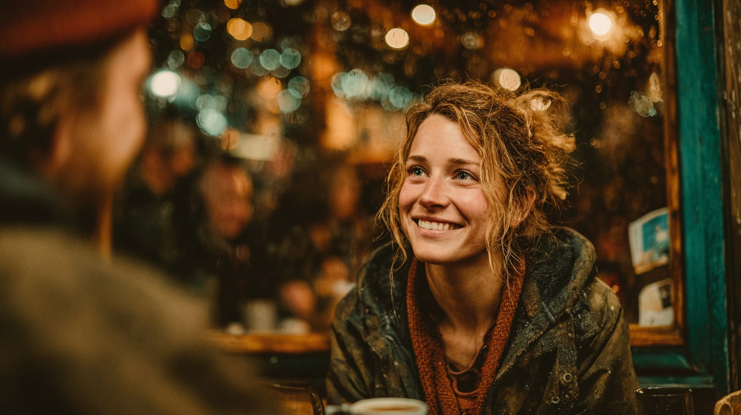A couple engaged in deep conversation over coffee in a café.