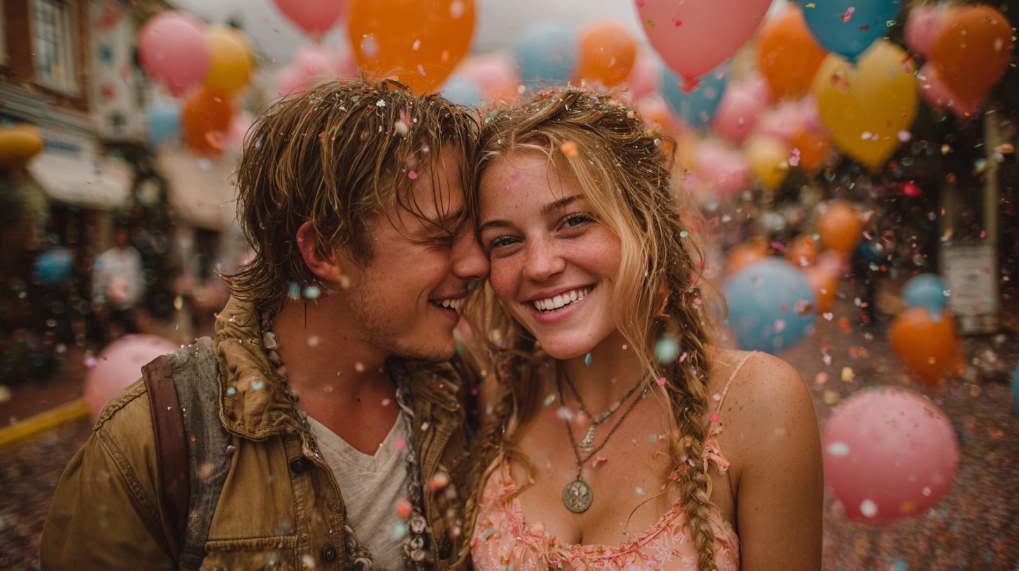 A couple sharing a surprise moment with balloons and confetti in a park.
