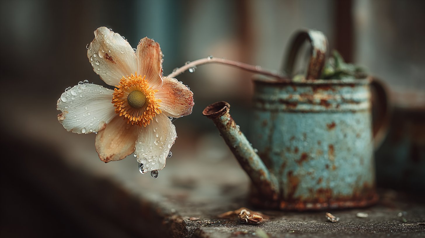 Una flor marchita junto a una regadera descuidada.