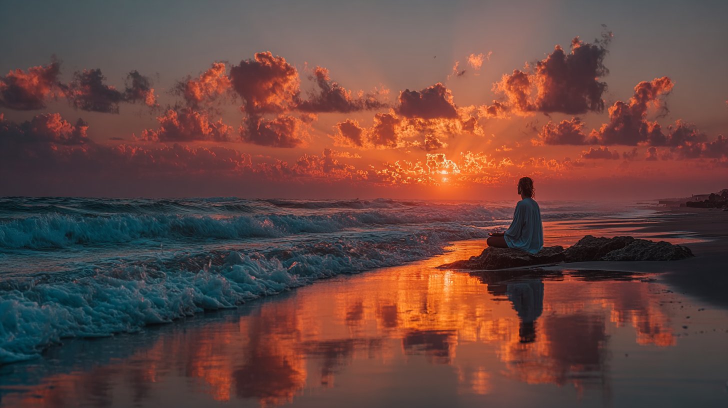 A person meditates peacefully in nature.