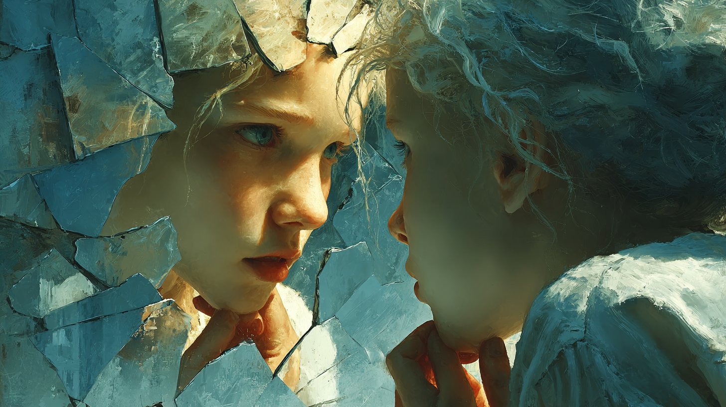 Confronti costanti: Un bambino guarda in uno specchio frammentato.