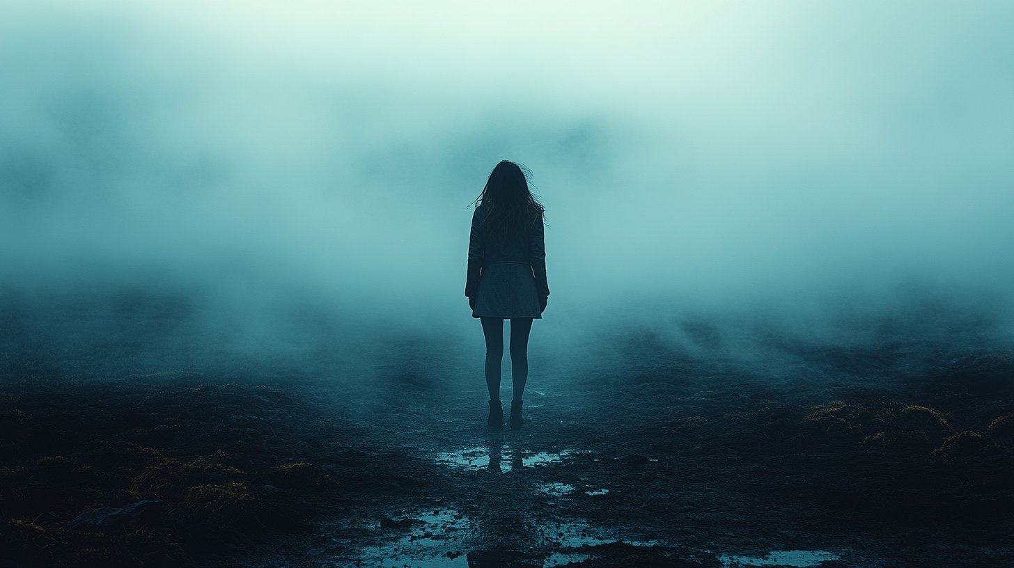 Eine Person in einer nebligen Landschaft, unsicher und ängstlich, mit Schatten, die Verletzlichkeit zeigen.