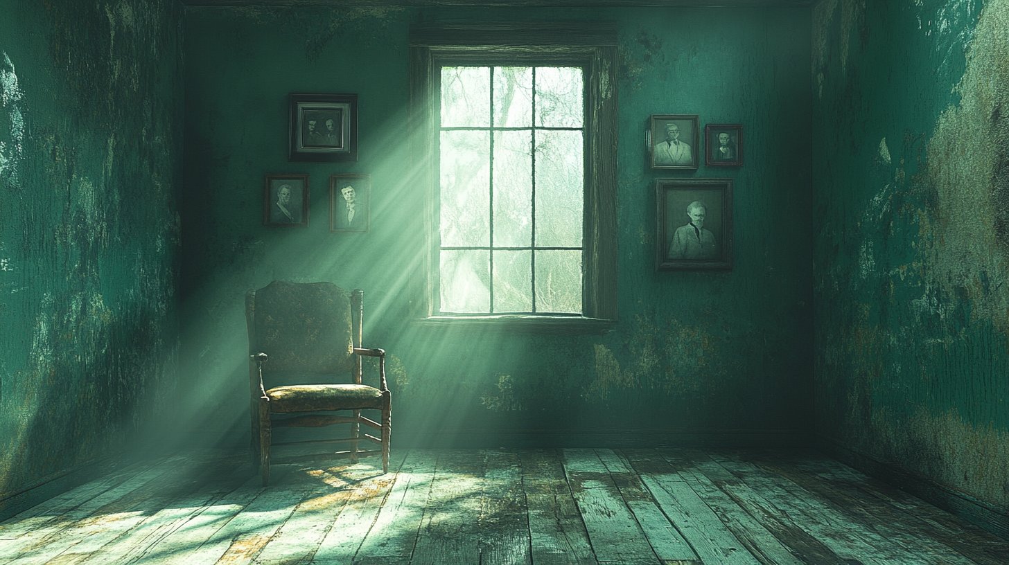 Ein leerer, dunkler Raum mit einem Stuhl, umgeben von verblassten Fotografien, die Isolation darstellen.