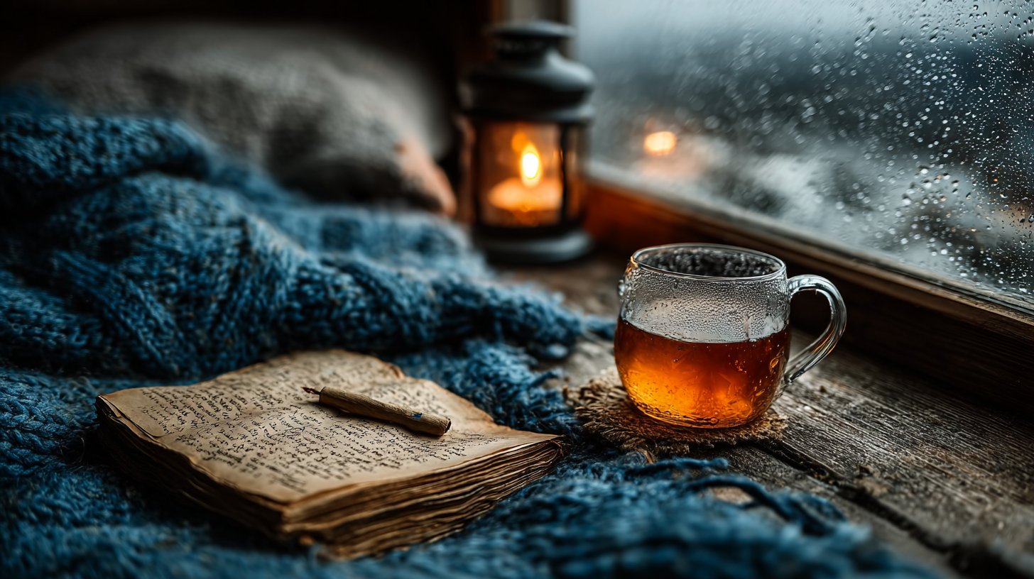 Une personne écrivant près d'une fenêtre un jour de pluie.