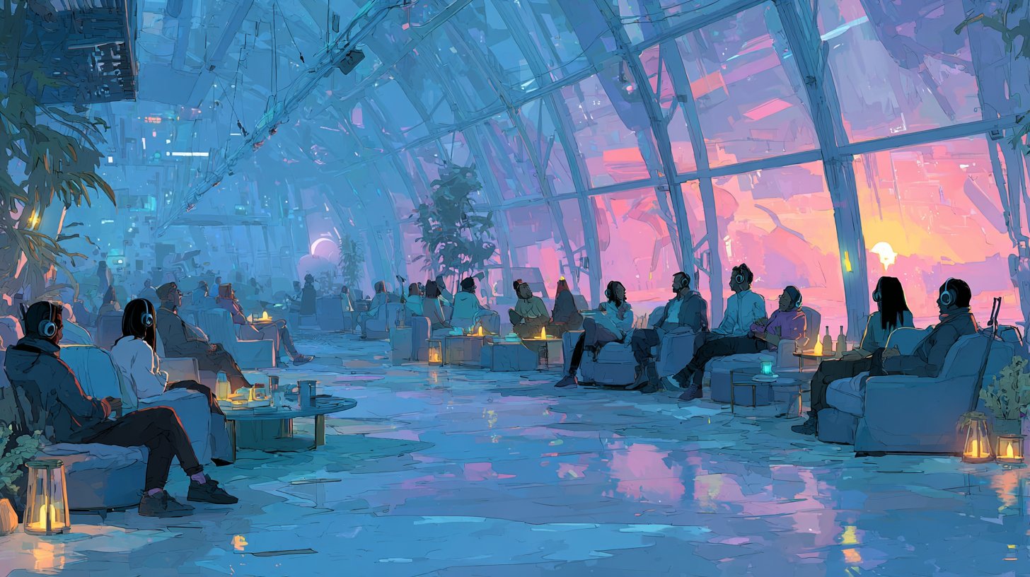 Futuristisches Podcast-Studio mit innovativer Technologie und kreativen Diskussionen.