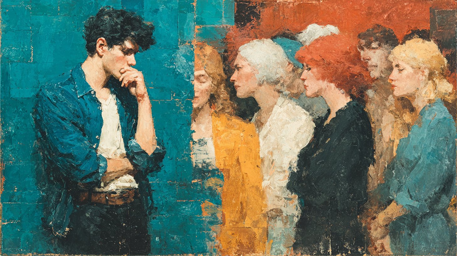 Ein nachdenklicher Mann steht abseits einer Gruppe von Frauen.