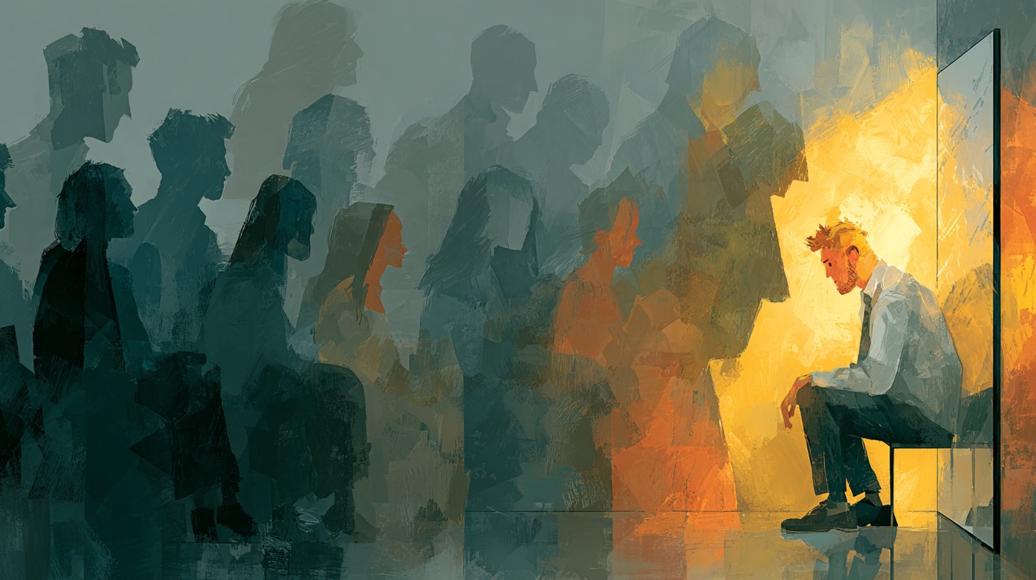 Ein Mann im Spiegel zeigt Unsicherheit und Selbstzweifel.