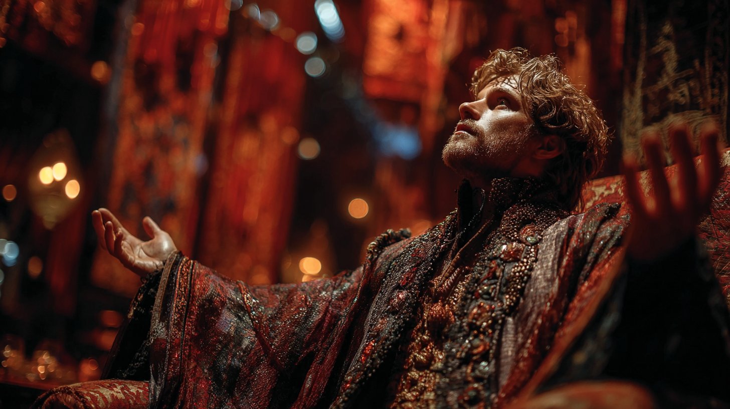 Ein prachtvoll gekleideter Protagonist lebt dramatische Emotionen.