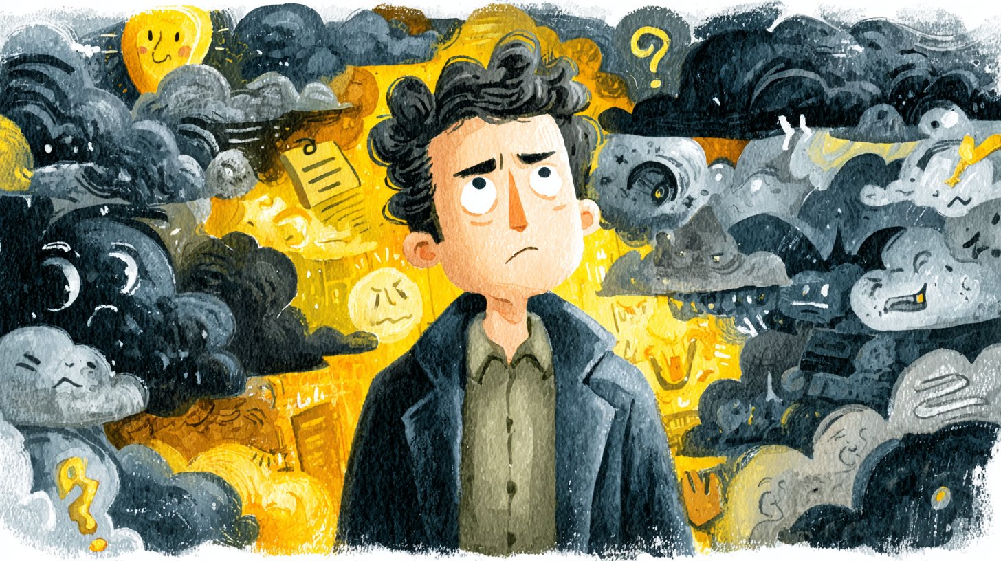 Ein Mann mit einem Stirnrunzeln umgeben von dunklen Wolken.