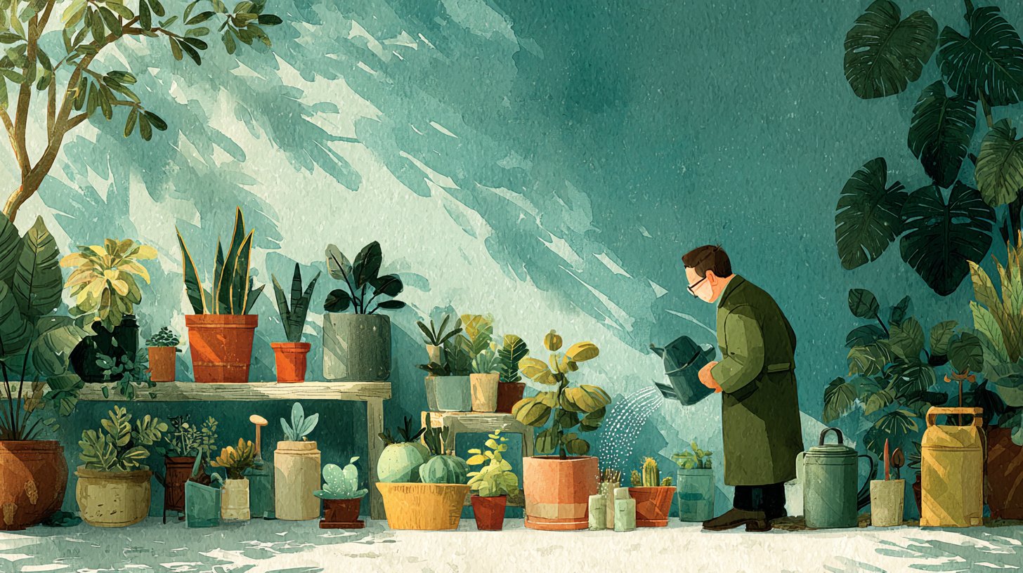 Scène paisible d'une personne s'occupant de ses plantes.