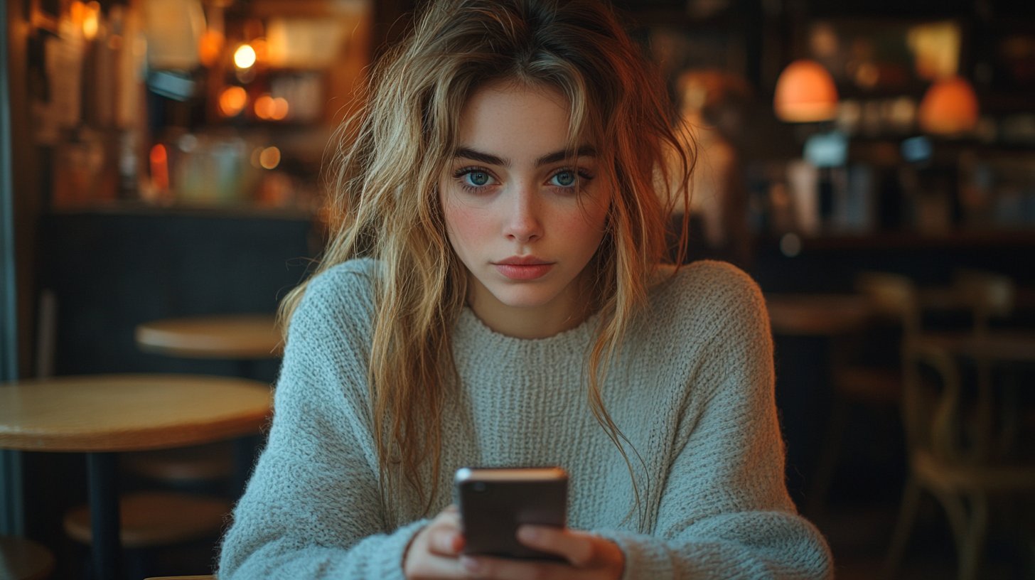 Verwirrte Frau mit unbeantworteten Nachrichten in einem Café.