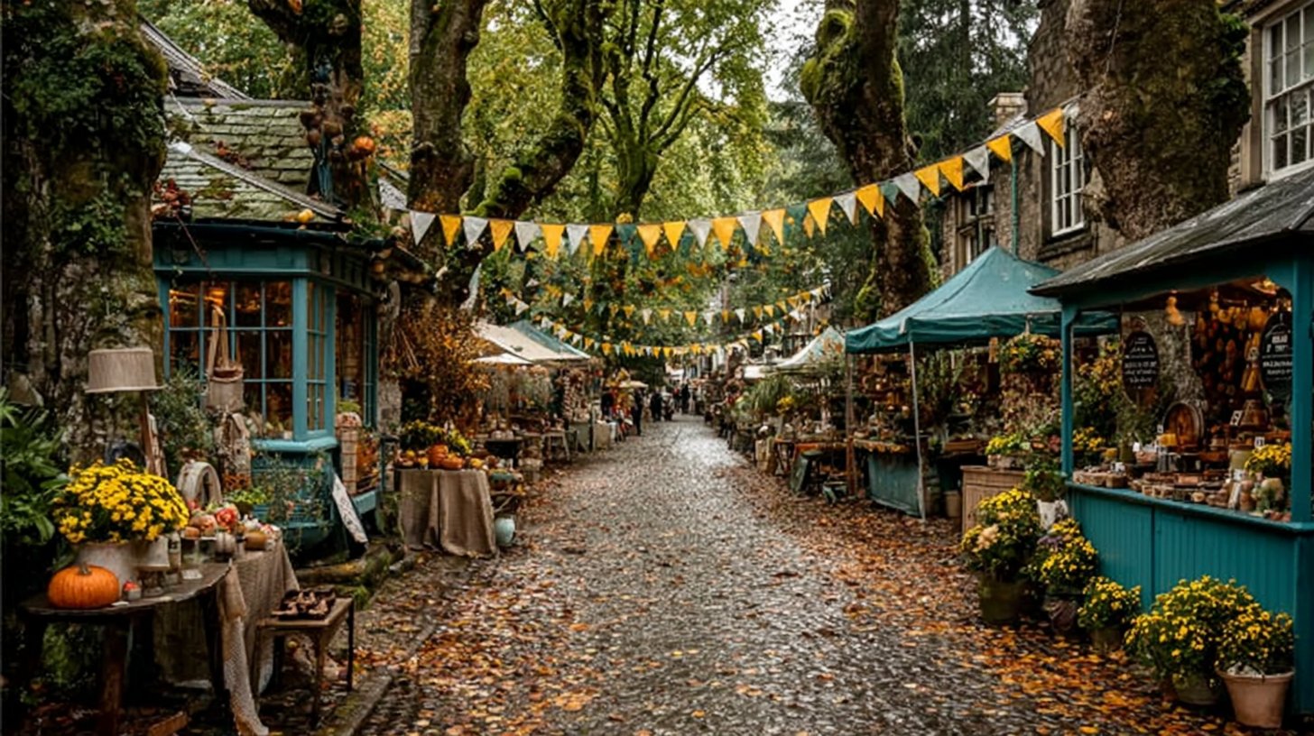 Malermarkt mit herbstlichen Dekorationen.