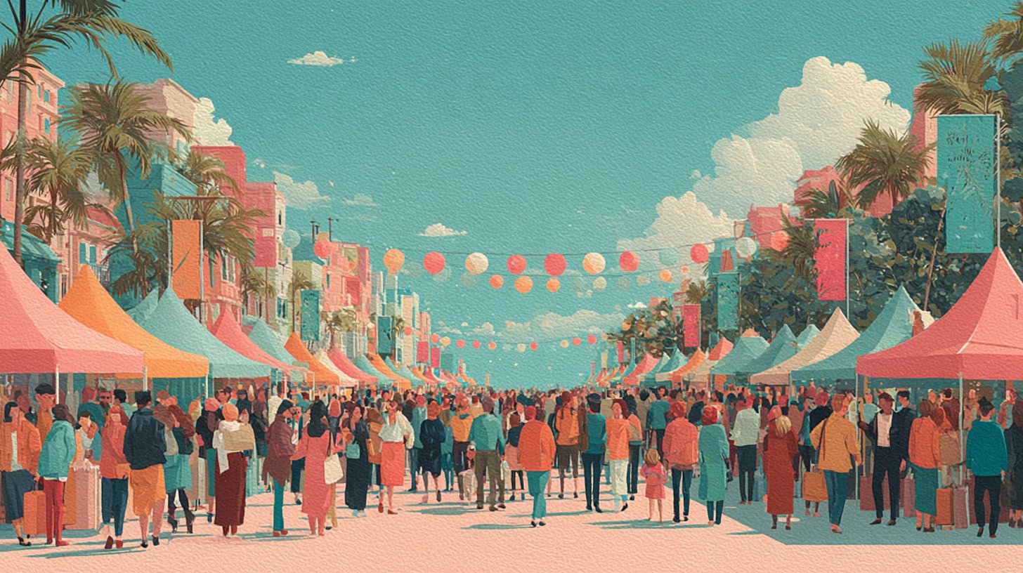 Belebtes Einkaufsfestival mit fröhlichen Menschen.