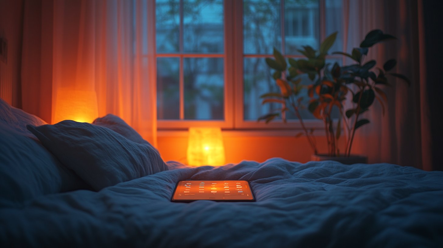 Une image artistique d'un écran de téléphone vibrant dans un cadre chaleureux.